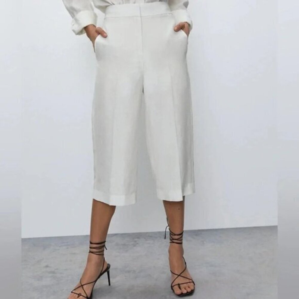 Aritzia Babaton Pant High rise Linen Culottes Wide Leg White peasant boho